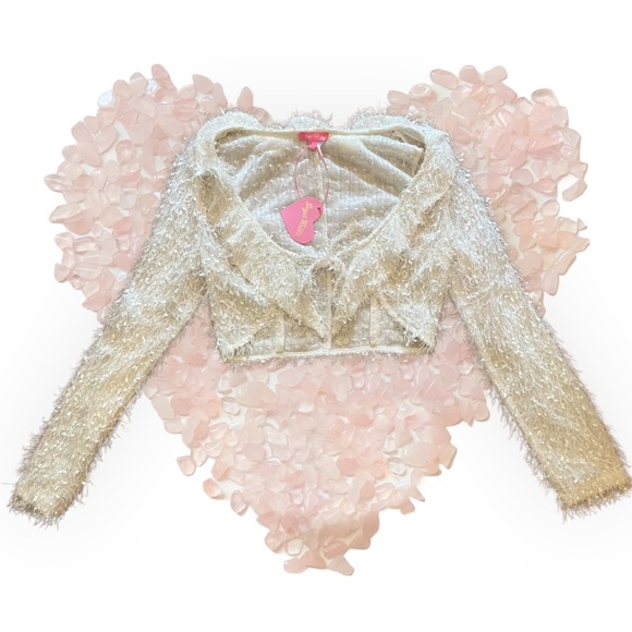 NWT Sugar Thrillz Never Too Much White Fuzzy Cropped Cardigan Sz S - Picture 2 of 7